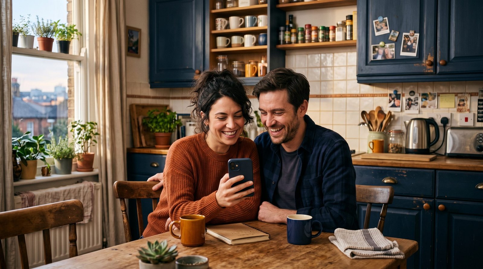 A relieved, happy couple celebrating a debt payoff milestone together in their kitchen