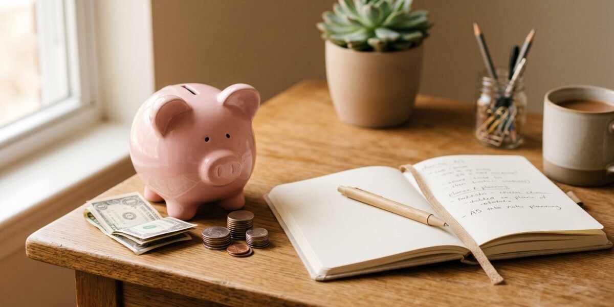 Piggy bank beside a notebook, a few dollar bills and a stack of coins, starting a blog on a budget