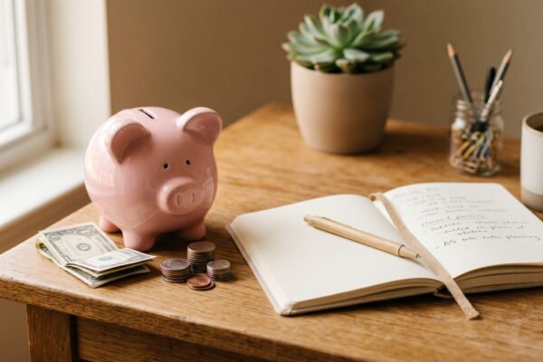 Piggy bank beside a notebook, a few dollar bills and a stack of coins, starting a blog on a budget