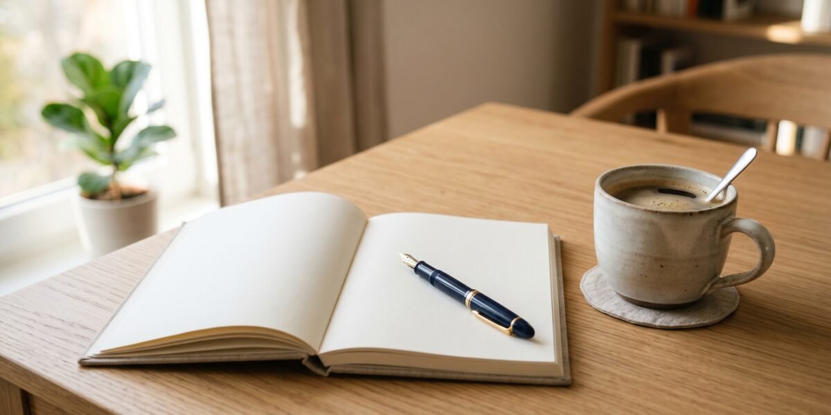 Clean writing desk with a blank open notebook, fountain pen and a cup of coffee in soft morning light