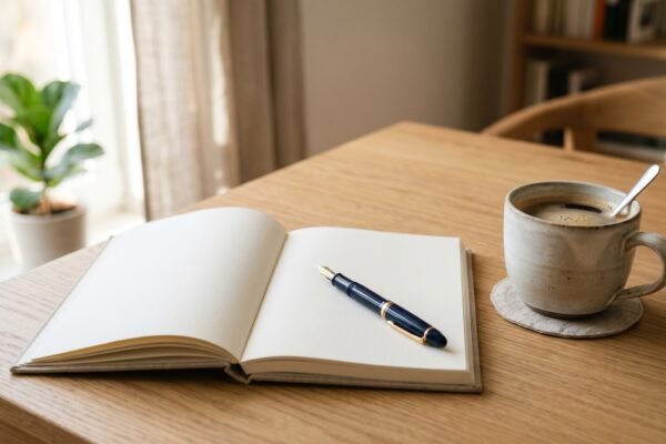 Clean writing desk with a blank open notebook, fountain pen and a cup of coffee in soft morning light