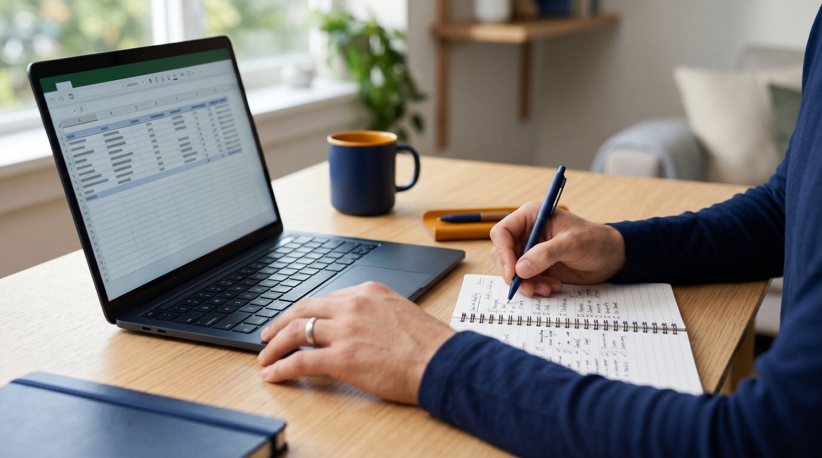 A person's hands organizing a list of debts on a laptop spreadsheet and notebook, sorting them by interest rate for the debt avalanche method
