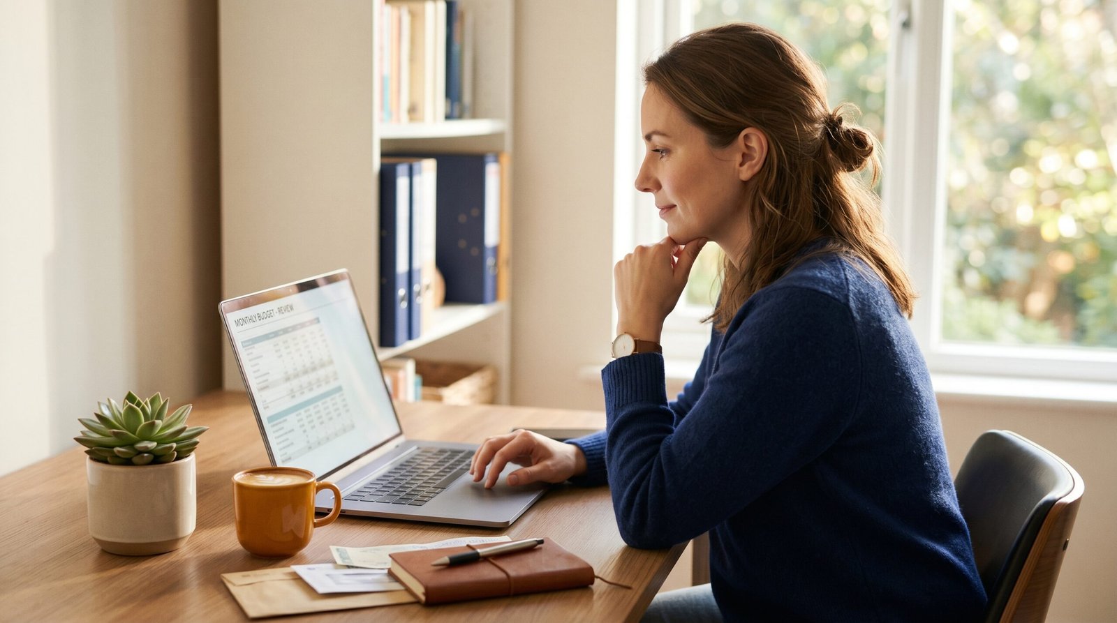 A focused person at a tidy home desk reviewing monthly bills and a budget on a laptop to free up extra money for debt payoff
