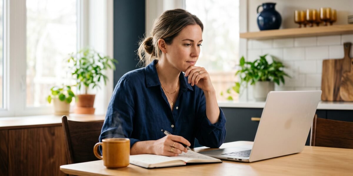 A calm, determined person reviewing their finances on a laptop and notebook at a kitchen table, planning a debt avalanche payoff