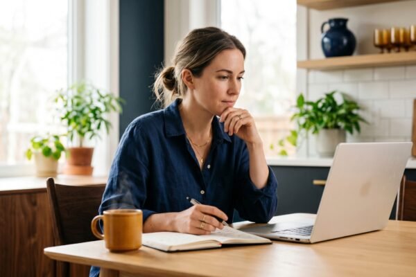 A calm, determined person reviewing their finances on a laptop and notebook at a kitchen table, planning a debt avalanche payoff