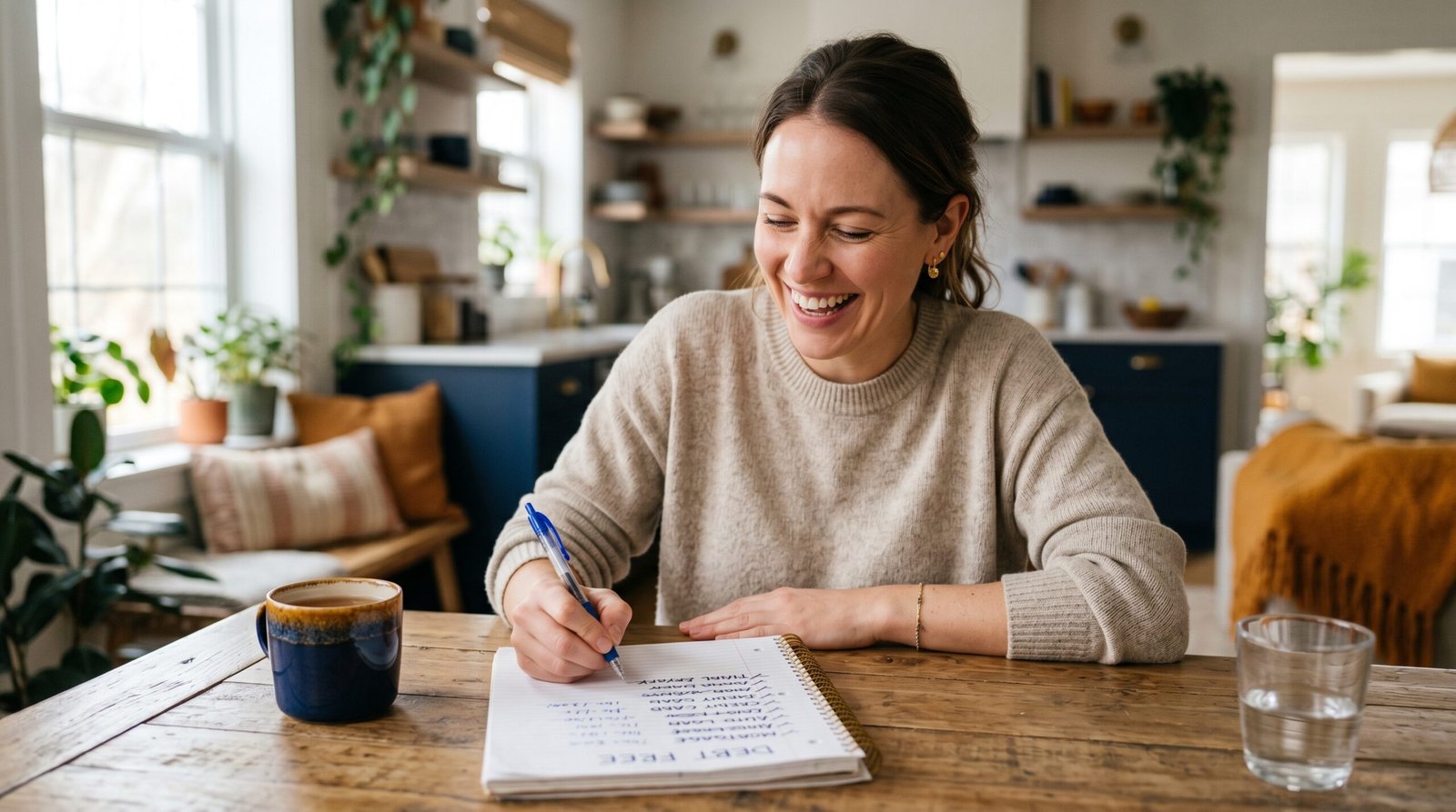 A relaxed person smiling while crossing the final debt off a handwritten list, representing the relief of finishing a debt payoff plan