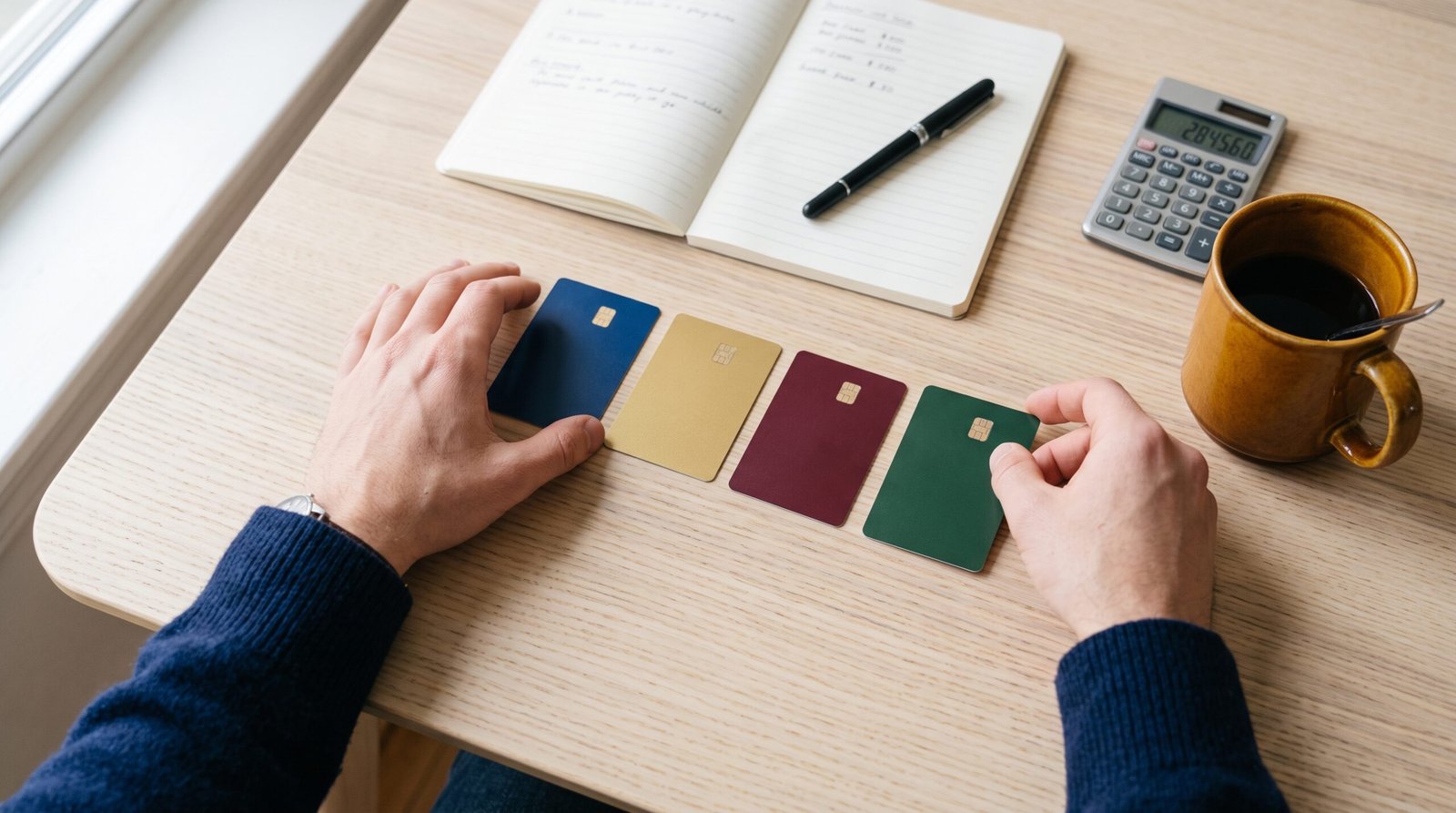 Hands laying out credit cards in a row on a desk beside a notebook and calculator, listing each balance and interest rate