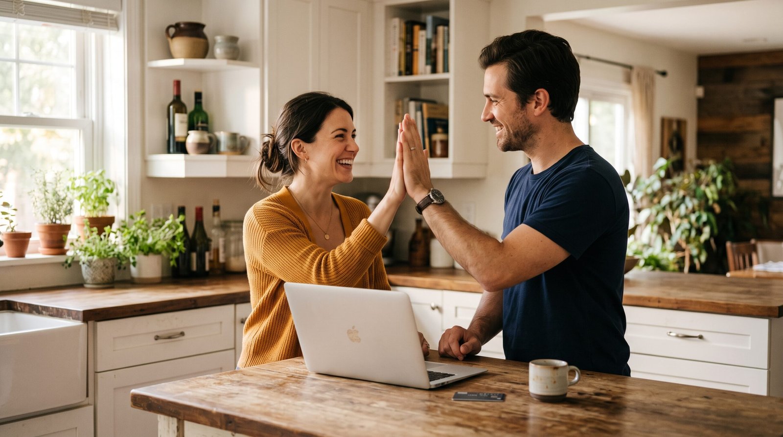 A happy couple sharing a high-five across their kitchen counter as a credit card balance reaches zero