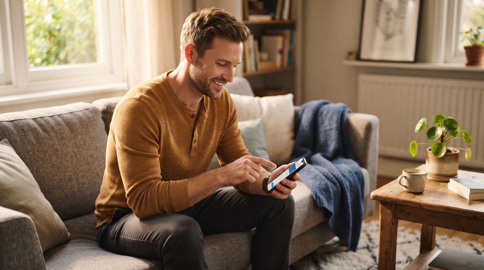 A relaxed man on a couch confirming an automatic extra credit card payment on his smartphone