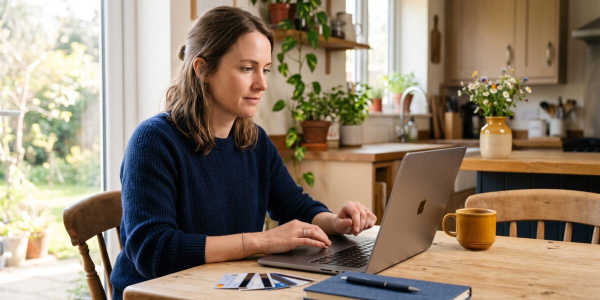 A focused woman at her kitchen table reviewing her finances on a laptop, credit cards set face-down beside a notebook