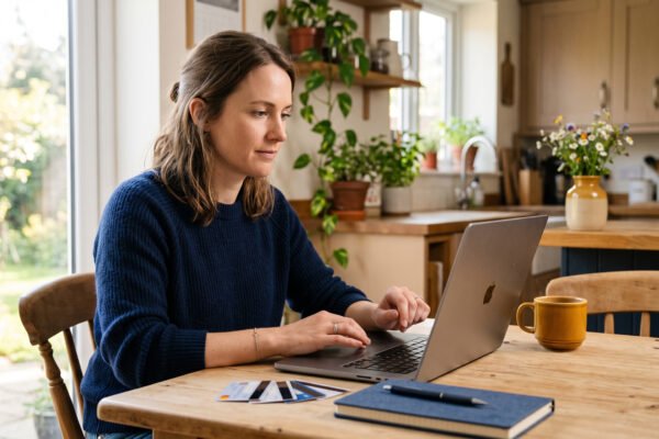 A focused woman at her kitchen table reviewing her finances on a laptop, credit cards set face-down beside a notebook