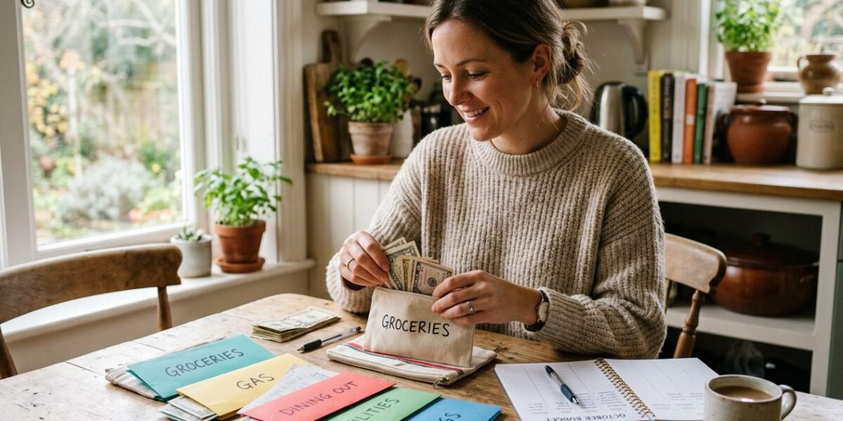 The Cash Envelope System: How to Budget With Cash (Step-by-Step) 1 A woman organizing cash into labeled budget envelopes at her kitchen table using the cash envelope system