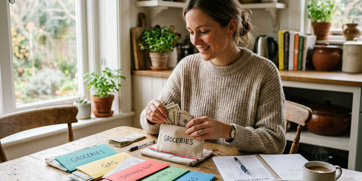 The Cash Envelope System: How to Budget With Cash (Step-by-Step) 1 A woman organizing cash into labeled budget envelopes at her kitchen table using the cash envelope system