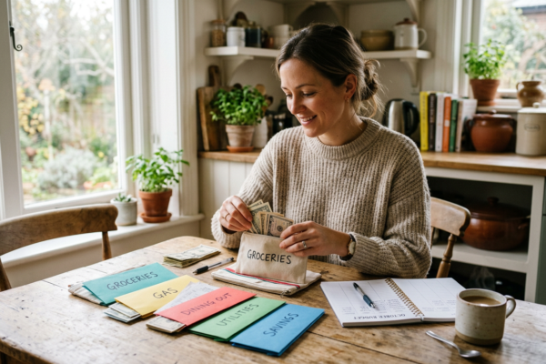 A woman organizing cash into labeled budget envelopes at her kitchen table using the cash envelope system