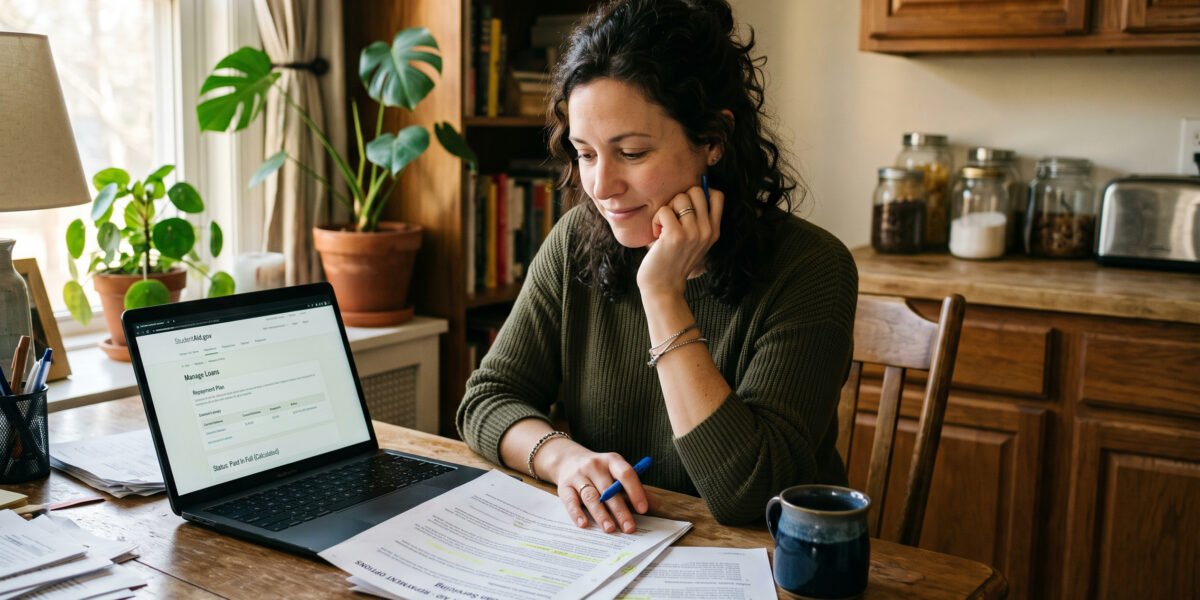 Public Service Loan Forgiveness in 2026: Eligibility, the Buyback Program, and What Changed 2 A woman at her kitchen table reviewing student loan paperwork and a laptop, working through her Public Service Loan Forgiveness options