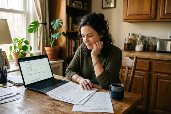 A woman at her kitchen table reviewing student loan paperwork and a laptop, working through her Public Service Loan Forgiveness options