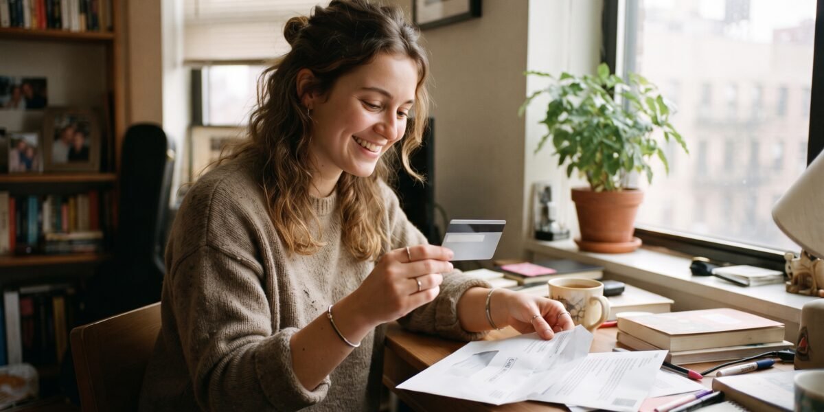 A young woman at her apartment desk holding a newly arrived credit card, the first step in building a credit history