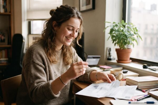 A young woman at her apartment desk holding a newly arrived credit card, the first step in building a credit history