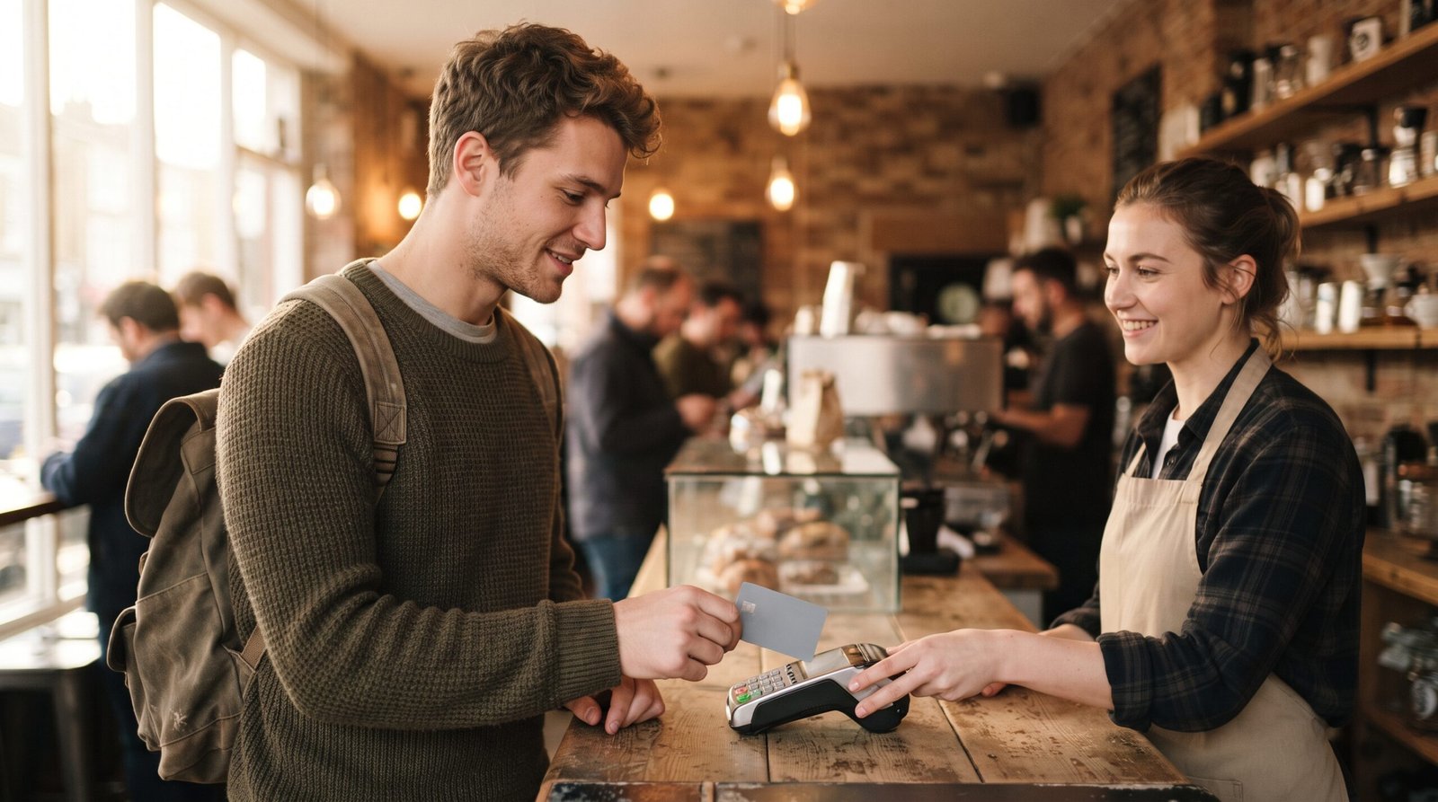 A young man paying with a card at a coffee shop counter, using small everyday purchases to build credit history