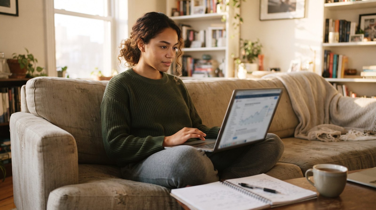 A person on a couch checking their free credit report on a laptop with a notebook beside them