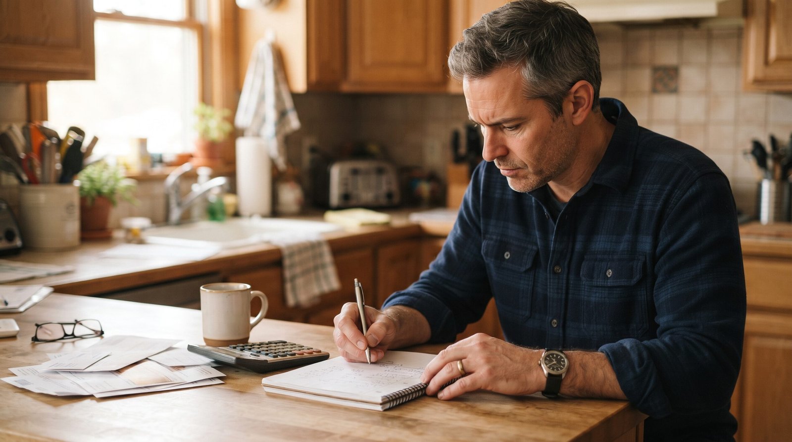 A man at his kitchen counter using a calculator and notepad to work out the blended interest rate across his credit card balances