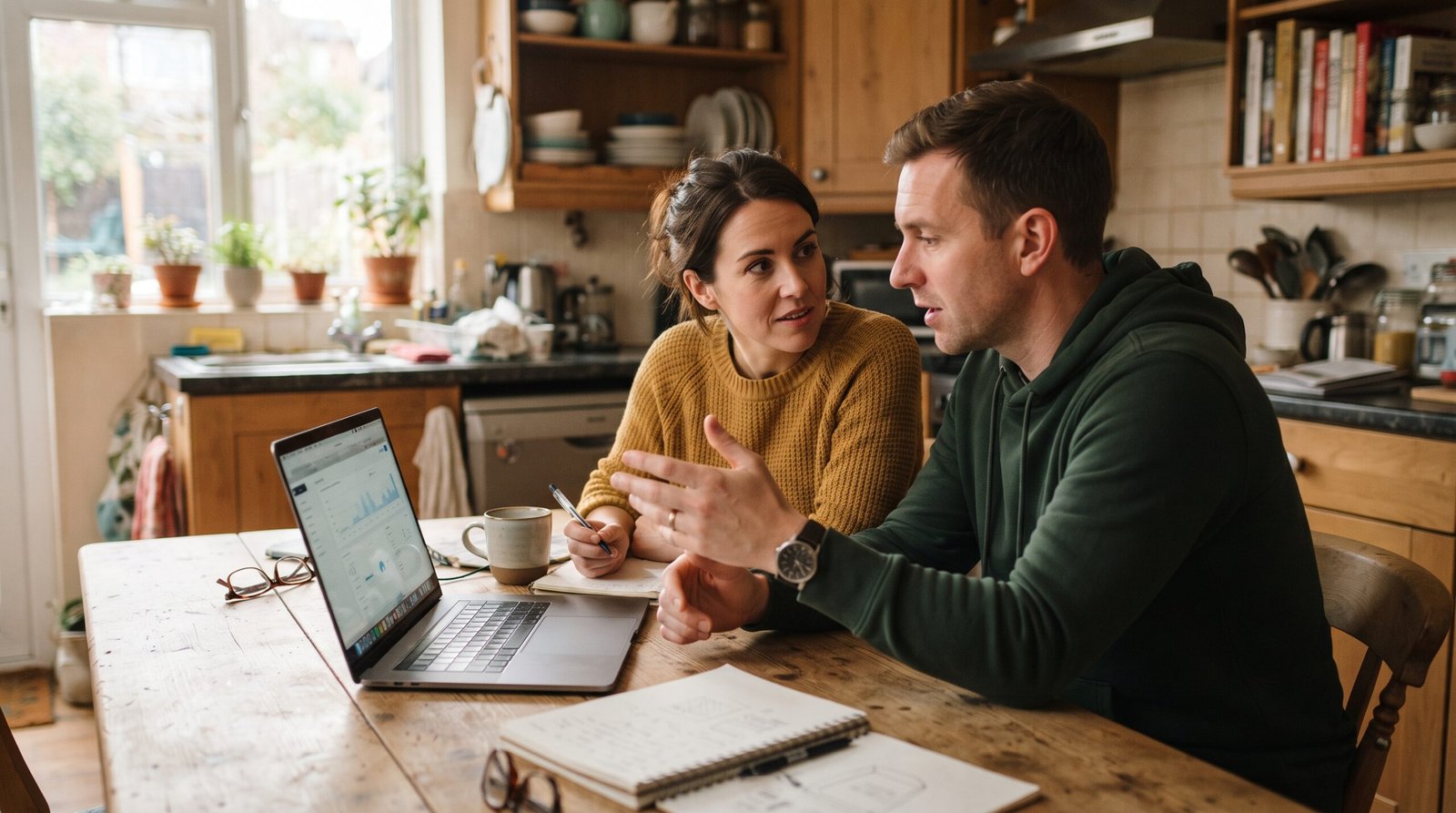 A couple sitting together on their living room sofa in lamplight, calmly talking over a consolidation loan offer on a laptop