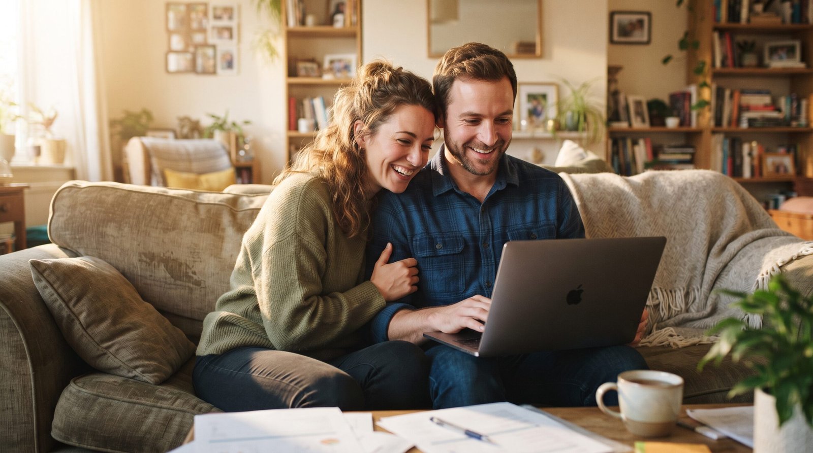 A couple on their living room sofa reviewing their finances on a laptop together with visible relief