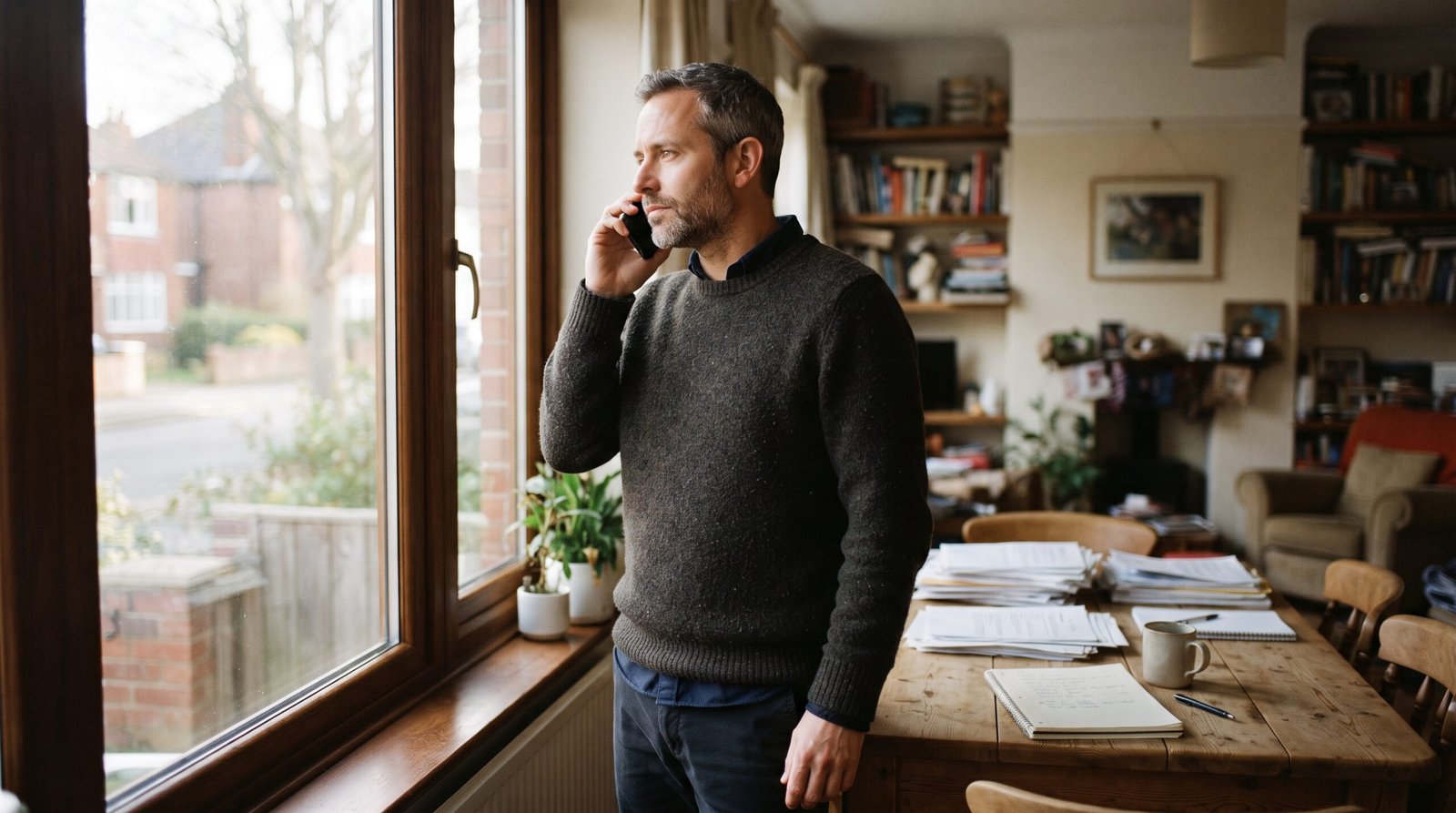A man standing by a window at home on the phone with his lender, asking about hardship options and rates