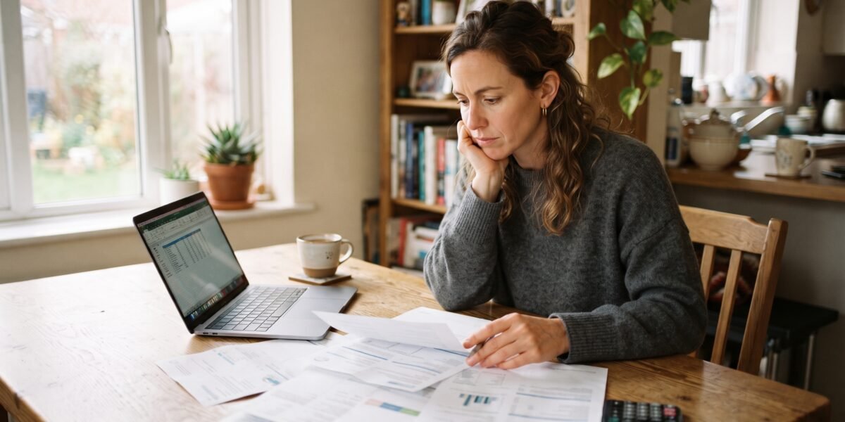 A woman at her dining table with statements spread out and a laptop open, weighing whether to consolidate her debt