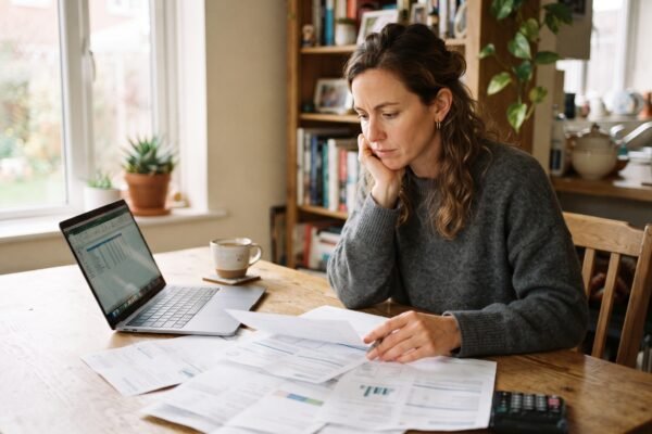 A woman at her dining table with statements spread out and a laptop open, weighing whether to consolidate her debt
