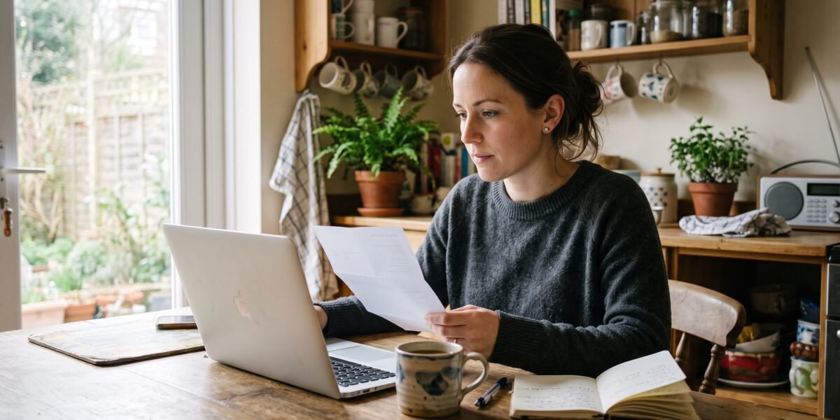 A woman at her kitchen table reviewing credit card statements on a laptop while considering debt consolidation
