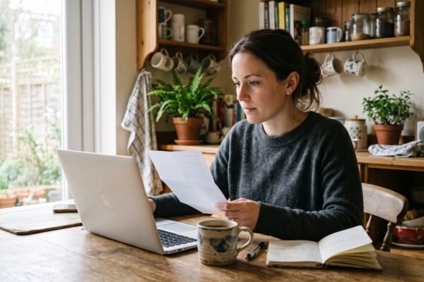 A woman at her kitchen table reviewing credit card statements on a laptop while considering debt consolidation