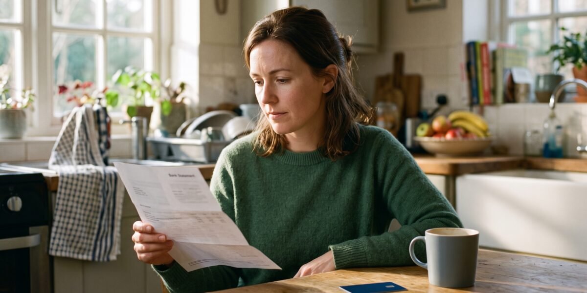 A woman at her kitchen table calmly reading a paper credit card statement, a card lying face down beside her mug