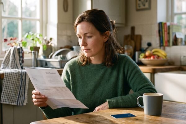 A woman at her kitchen table calmly reading a paper credit card statement, a card lying face down beside her mug