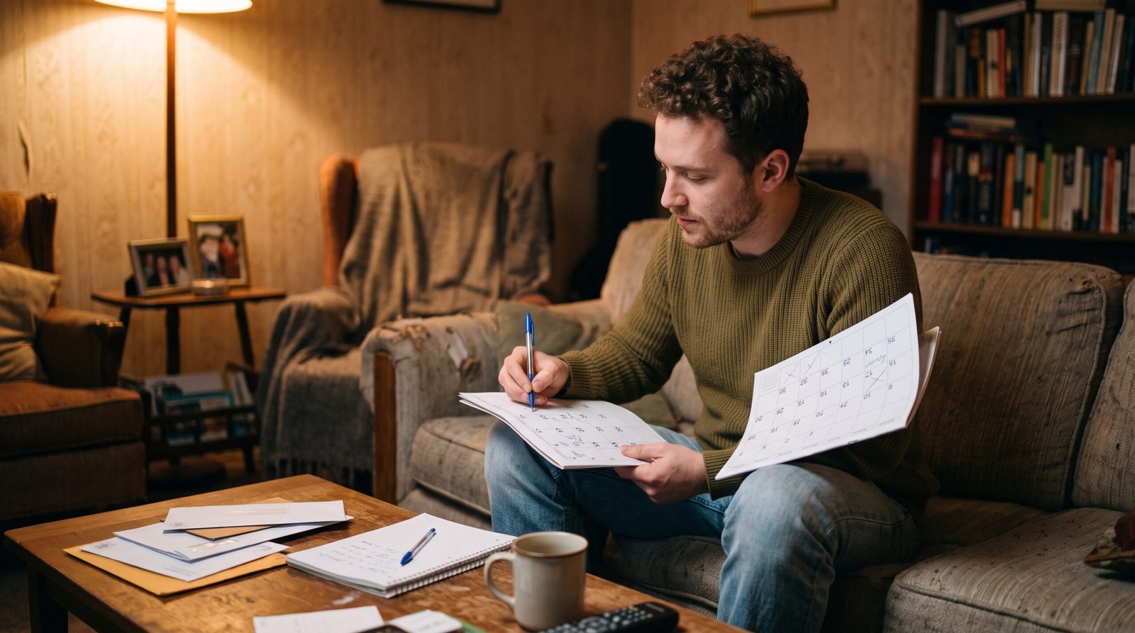 A man on his living room couch marking his credit card due date on a paper wall calendar in warm lamplight