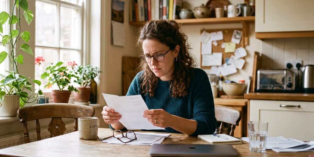 A woman at her kitchen table reading a paper credit card statement, looking closely at the interest rate section
