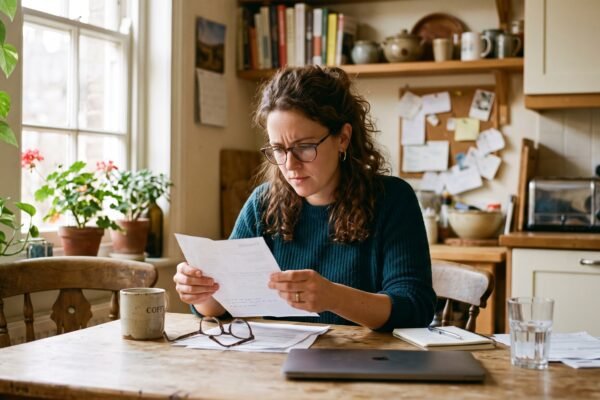 A woman at her kitchen table reading a paper credit card statement, looking closely at the interest rate section