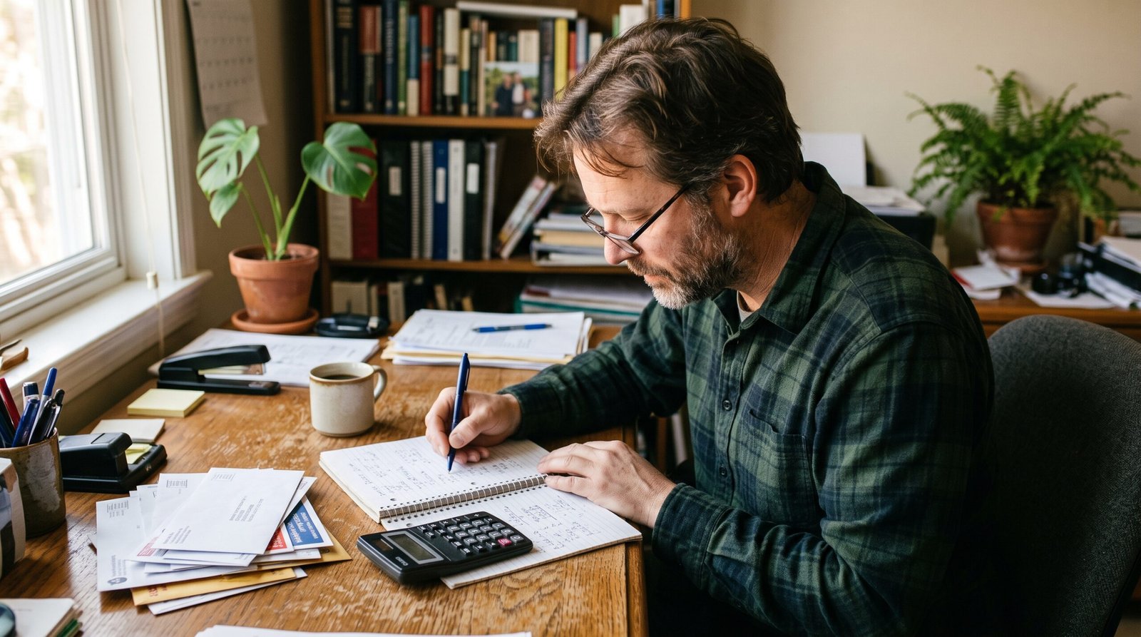 A man at a home desk calculating credit card interest by hand in a notebook with a calculator beside him