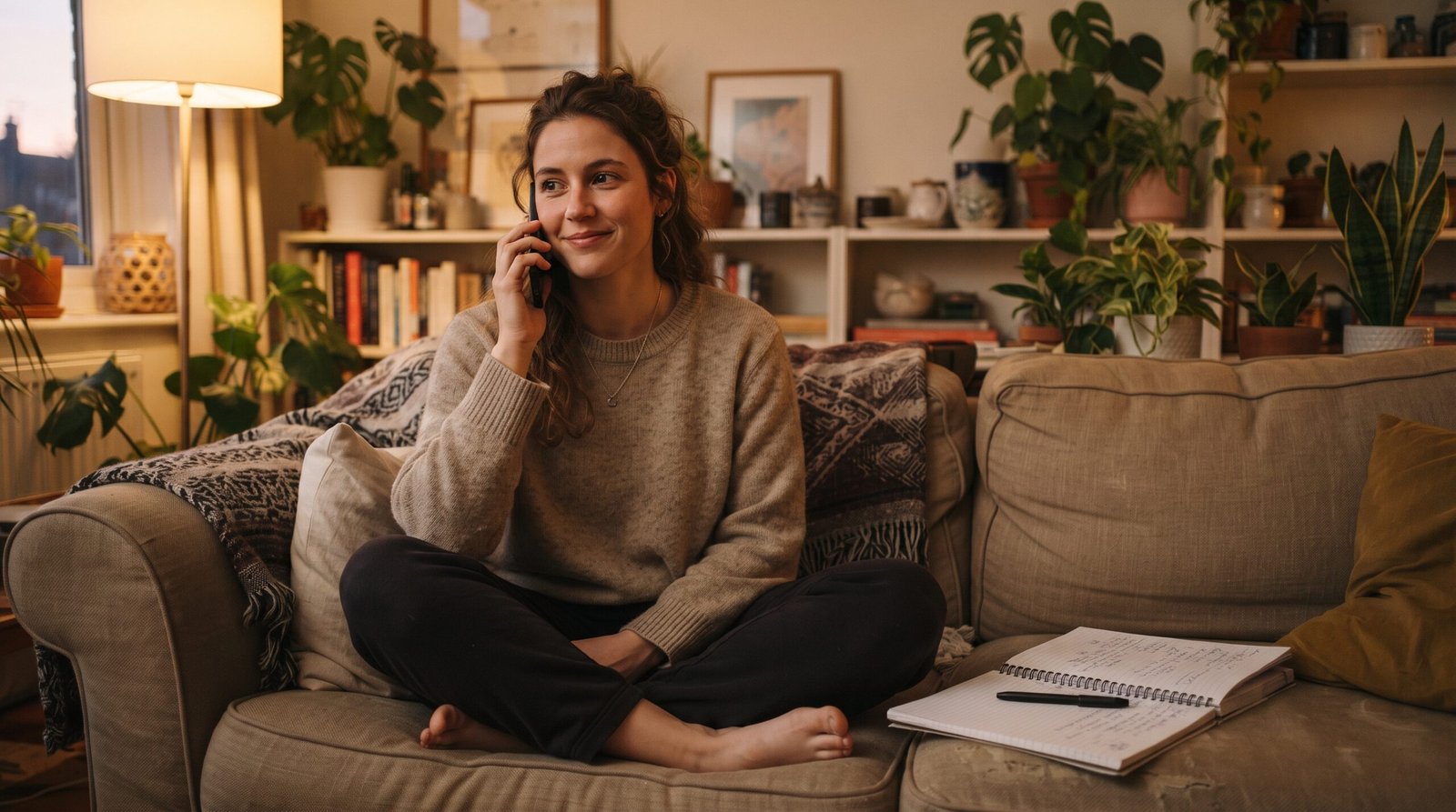 A woman sitting on her couch on a phone call with a notebook open beside her, asking her card issuer for a lower interest rate