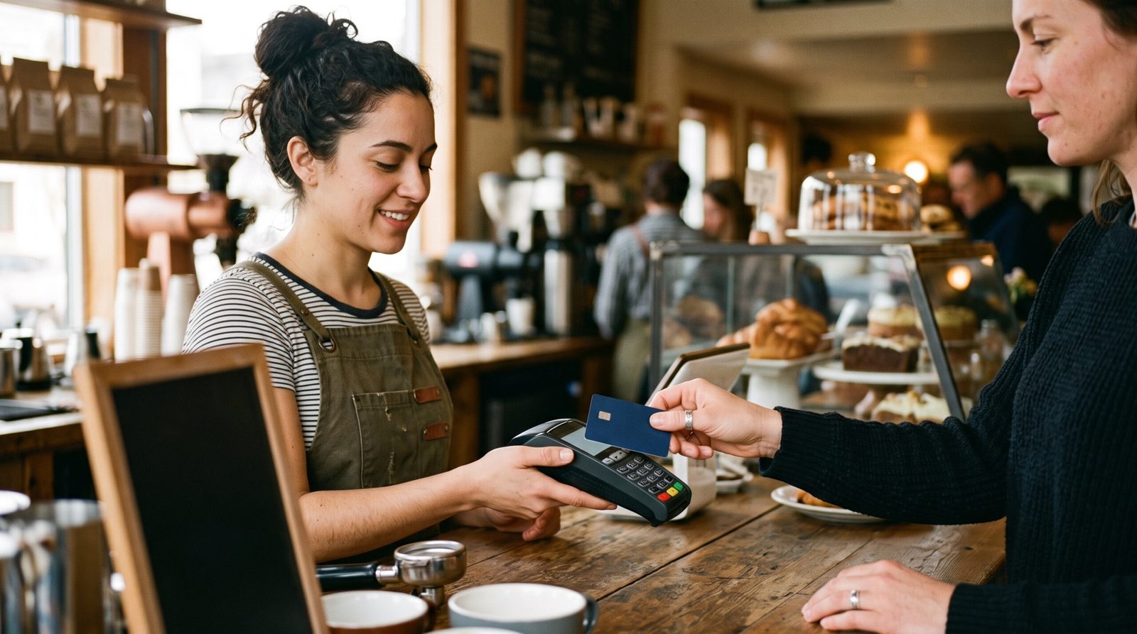 A customer taps a payment card on a reader at a neighborhood coffee shop counter while the barista waits