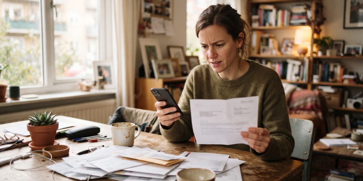 A woman at her dining table comparing the credit score on her phone with the different number a lender sent her in a letter