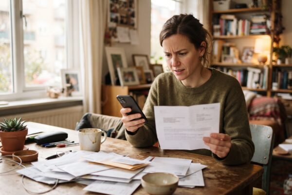 A woman at her dining table comparing the credit score on her phone with the different number a lender sent her in a letter