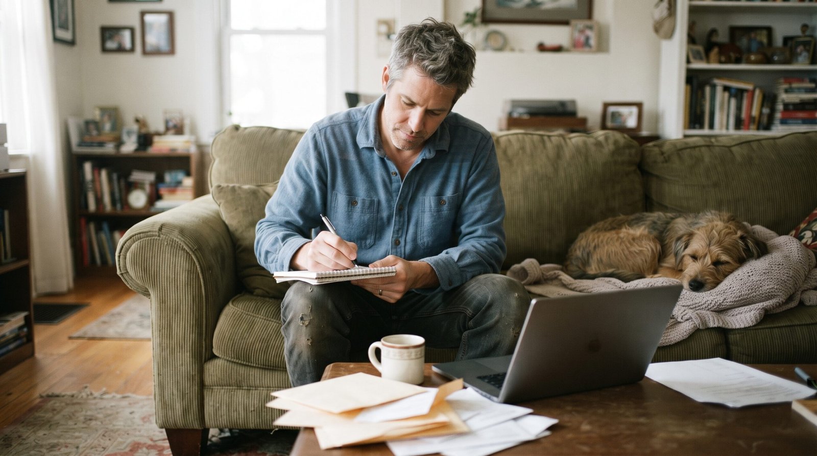 A man on his couch with a laptop and opened mail, writing down credit score numbers from different sources on a notepad