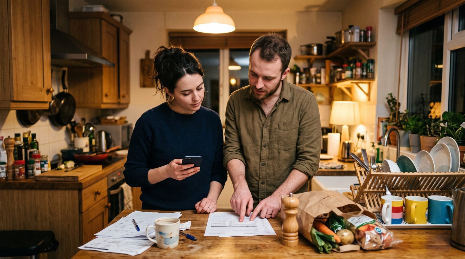 A couple standing at their kitchen counter reviewing printed credit report pages together alongside a score on a phone