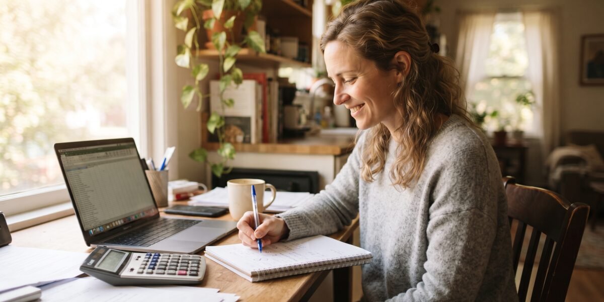 A woman at her kitchen table with a laptop and calculator, writing down her credit card payoff date