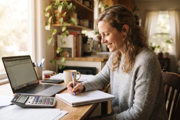 A woman at her kitchen table with a laptop and calculator, writing down her credit card payoff date
