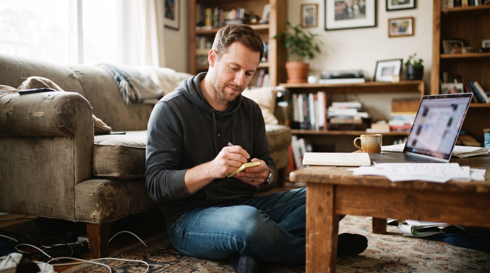 A man in his living room writing his debt-free date on a sticky note beside an open laptop