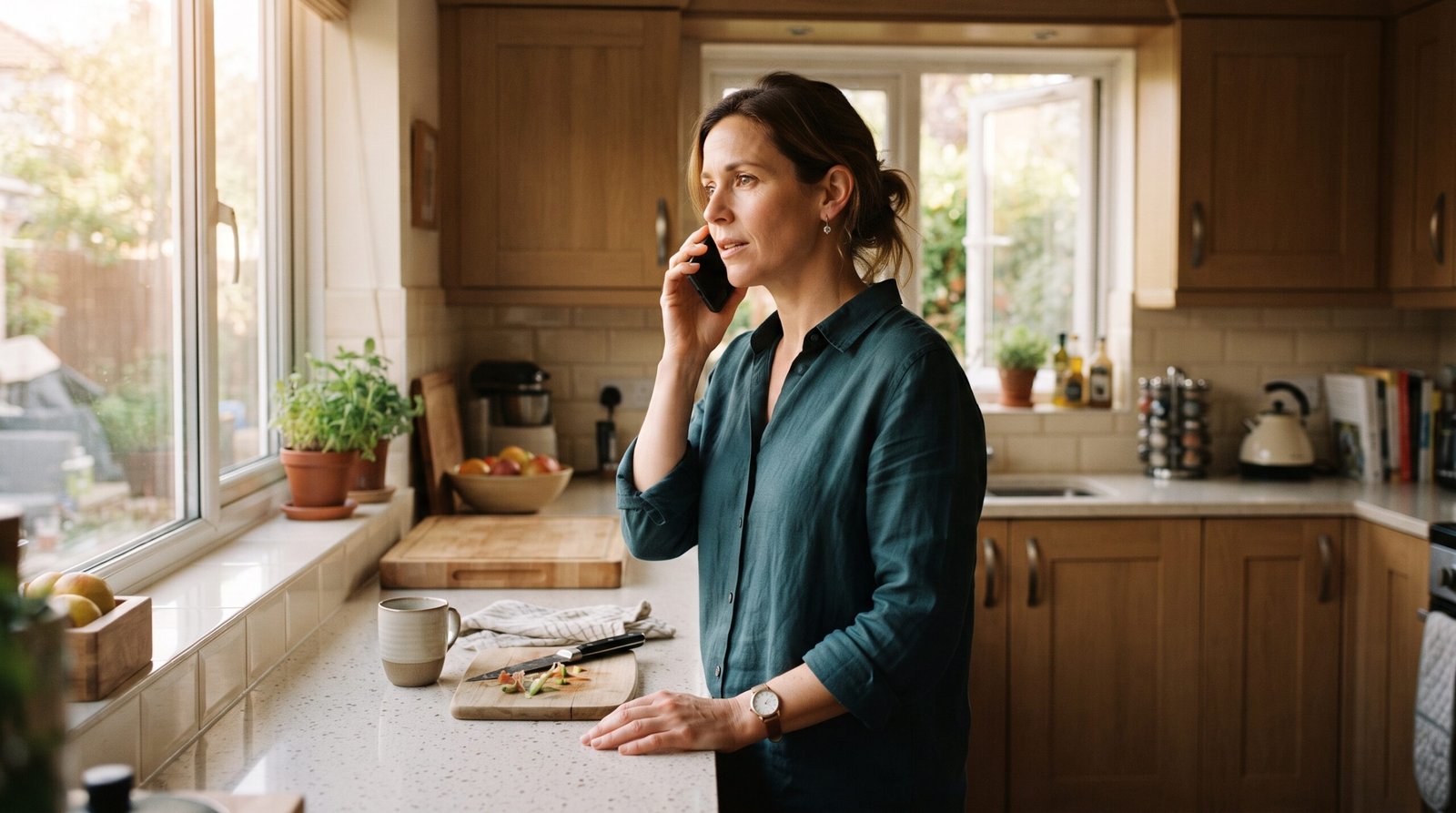 A woman standing in her kitchen on the phone with her card company, asking for a lower interest rate