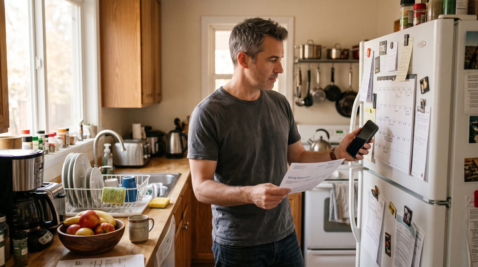 A man in his forties at his kitchen counter checking a credit card statement closing date on his phone