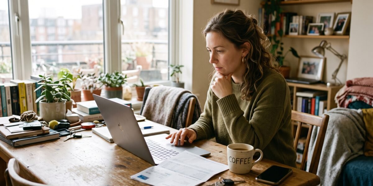 A woman at her dining table with a laptop and a credit card statement, working out a payment before a deadline
